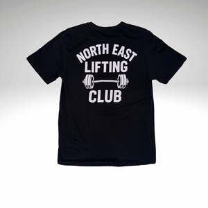 Black T Shirt with "North East Lifting Club" text on the back. Premium Newcastle gym apparel